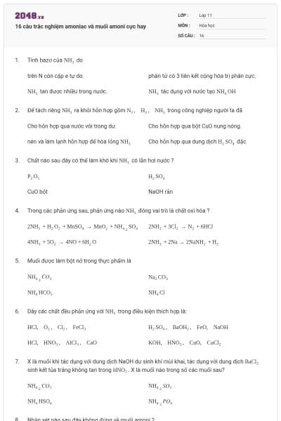 16 câu trắc nghiệm amoniac và muối amoni cực hay