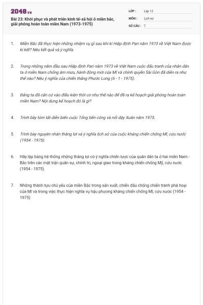 Bài 23: Khôi phục và phát triển kinh tế-xã hội ở miền bắc, giải phóng hoàn toàn miền Nam (1973-1975)