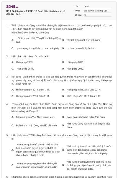 Bộ 4 đề thi giữa kì 2 KTPL 10 Cánh diều cấu trúc mới có đáp án - Đề 4