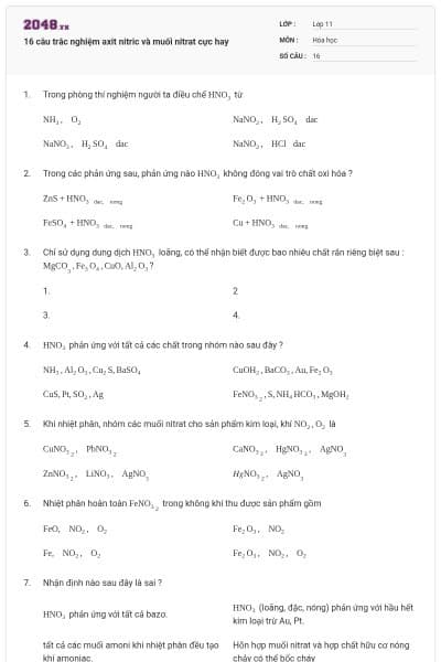 16 câu trắc nghiệm axit nitric và muối nitrat cực hay