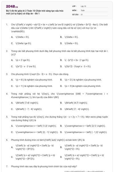 Bộ 5 đề thi giữa kì 2 Toán 10 Chân trời sáng tạo cấu trúc mới (có tự luận) có đáp án - Đề 1