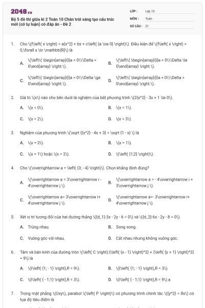 Bộ 5 đề thi giữa kì 2 Toán 10 Chân trời sáng tạo cấu trúc mới (có tự luận) có đáp án - Đề 2