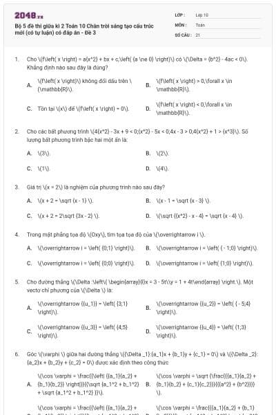 Bộ 5 đề thi giữa kì 2 Toán 10 Chân trời sáng tạo cấu trúc mới (có tự luận) có đáp án - Đề 3