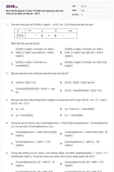 Bộ 5 đề thi giữa kì 2 Toán 10 Chân trời sáng tạo cấu trúc mới (có tự luận) có đáp án - Đề 4