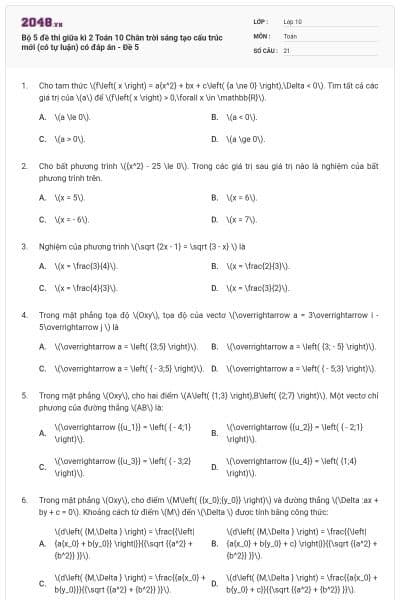 Bộ 5 đề thi giữa kì 2 Toán 10 Chân trời sáng tạo cấu trúc mới (có tự luận) có đáp án - Đề 5