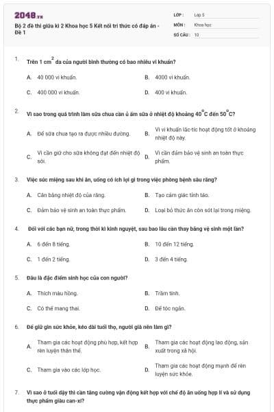 Bộ 2 đề thi giữa kì 2 Khoa học 5 Kết nối tri thức có đáp án - Đề 1