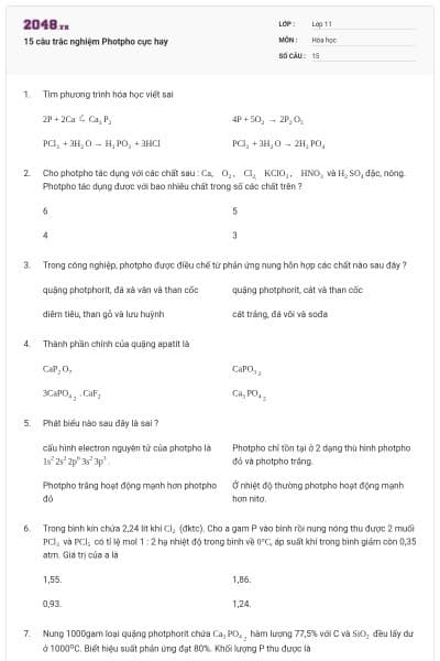 15 câu trắc nghiệm Photpho cực hay