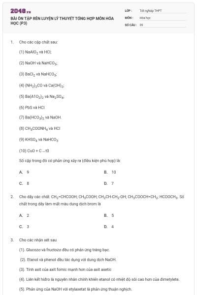 BÀI ÔN TẬP RÈN LUYỆN LÝ THUYẾT TỔNG HỢP MÔN HÓA HỌC (P3)