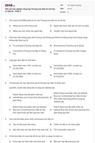 500 câu trắc nghiệm tổng hợp Thương mại điện tử căn bản có đáp án - Phần 3