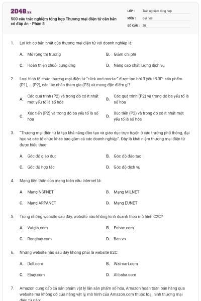 500 câu trắc nghiệm tổng hợp Thương mại điện tử căn bản có đáp án - Phần 5