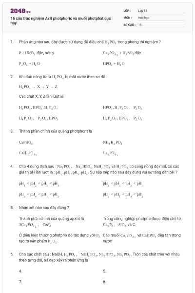 16 câu trắc nghiệm Axit photphoric và muối photphat cực hay