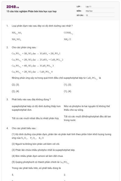 15 câu trắc nghiệm Phân bón hóa học cực hay