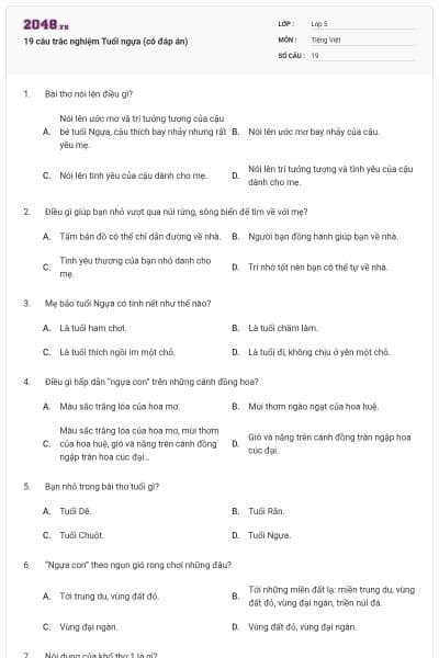 19 câu trắc nghiệm Tuổi ngựa (có đáp án)