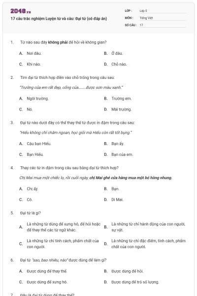 17 câu trắc nghiệm Luyện từ và câu: Đại từ (có đáp án)