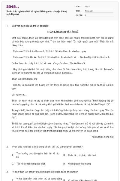 5 câu trắc nghiệm Nói và nghe: Những câu chuyện thú vị (có đáp án)