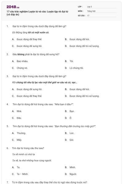 17 câu trắc nghiệm Luyện từ và câu: Luyện tập về đại từ (có đáp án)