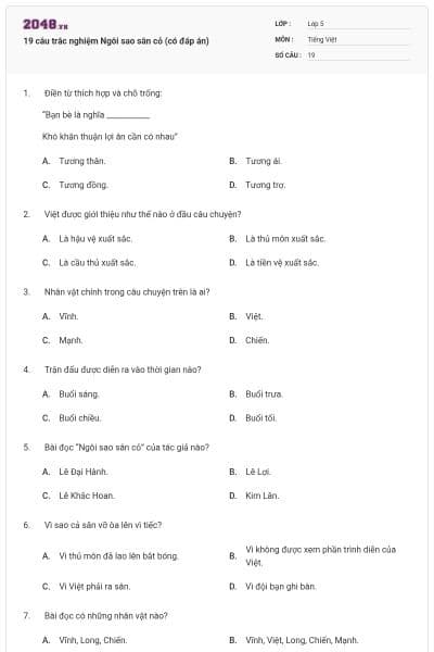 19 câu trắc nghiệm Ngôi sao sân cỏ (có đáp án)