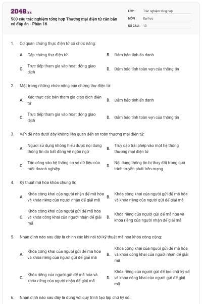 500 câu trắc nghiệm tổng hợp Thương mại điện tử căn bản có đáp án - Phần 16