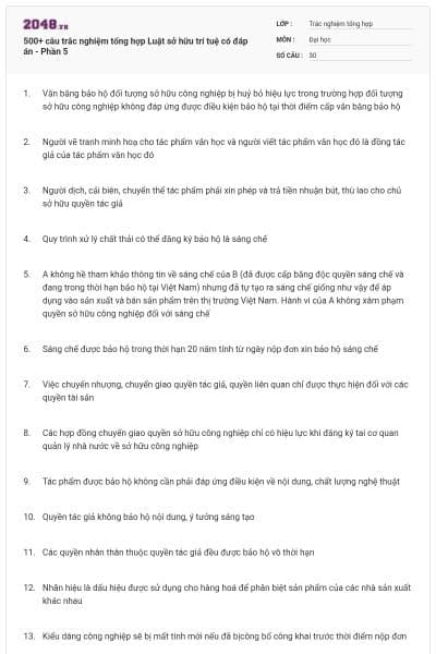 500+ câu trắc nghiệm tổng hợp Luật sở hữu trí tuệ có đáp án - Phần 5
