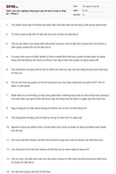 500+ câu trắc nghiệm tổng hợp Luật sở hữu trí tuệ có đáp án - Phần 6