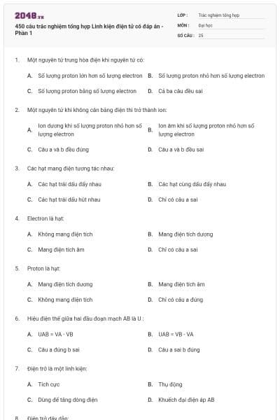 450 câu trắc nghiệm tổng hợp Linh kiện điện tử có đáp án - Phần 1