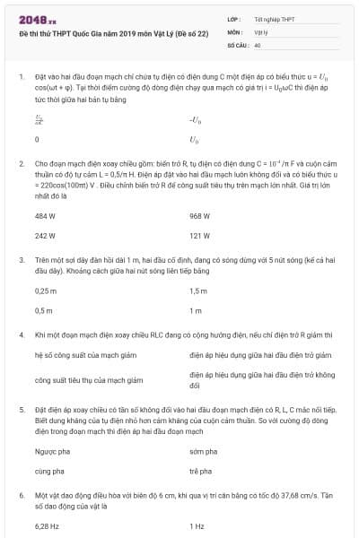 Đề thi thử THPT Quốc Gia năm 2019 môn Vật Lý (Đề số 22)