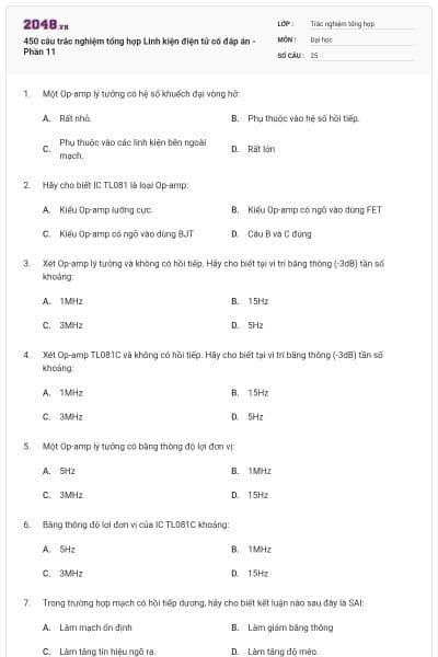 450 câu trắc nghiệm tổng hợp Linh kiện điện tử có đáp án - Phần 11