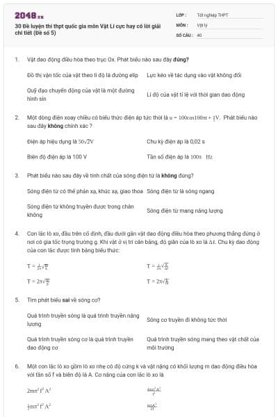 30 Đề luyện thi thpt quốc gia môn Vật Lí cực hay có lời giải chi tiết (Đề số 5)