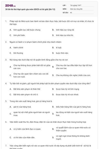 30 Đề thi thử thpt quốc gia môn GDCD có lời giải (Đề 13)