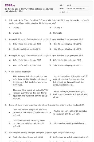 Bộ 4 đề thi giữa kì 2 KTPL 10 Chân trời sáng tạo cấu trúc mới có đáp án - Đề 4