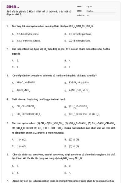 Bộ 3 đề thi giữa kì 2 Hóa 11 Kết nối tri thức cấu trúc mới có đáp án - Đề 3