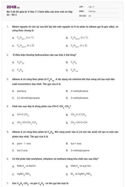 Bộ 3 đề thi giữa kì 2 Hóa 11 Cánh diều cấu trúc mới có đáp án - Đề 2