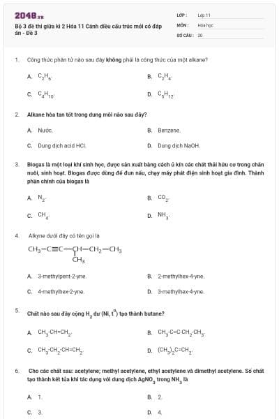 Bộ 3 đề thi giữa kì 2 Hóa 11 Cánh diều cấu trúc mới có đáp án - Đề 3