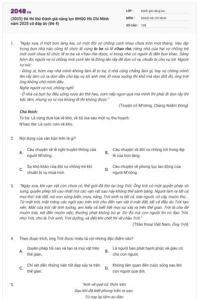 (2025) Đề thi thử Đánh giá năng lực ĐHQG Hồ Chí Minh năm 2025 có đáp án (Đề 4)