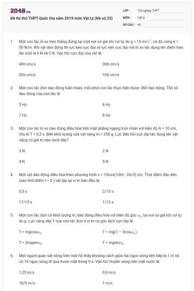 Đề thi thử THPT Quốc Gia năm 2019 môn Vật Lý (Đề số 23)
