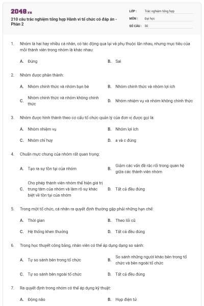 210 câu trắc nghiệm tổng hợp Hành vi tổ chức có đáp án - Phần 2