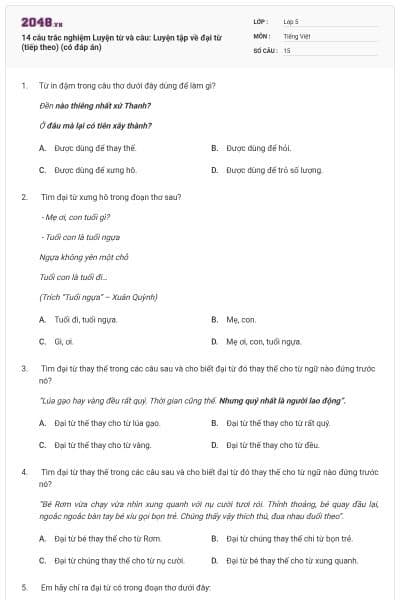 14 câu trắc nghiệm Luyện từ và câu: Luyện tập về đại từ (tiếp theo) (có đáp án)