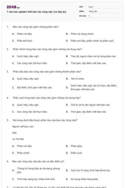 7 câu trắc nghiệm Viết báo cáo công việc (có đáp án)
