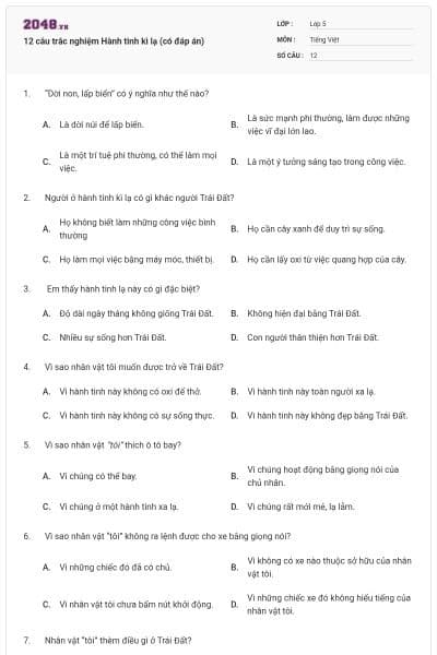 12 câu trắc nghiệm Hành tinh kì lạ (có đáp án)