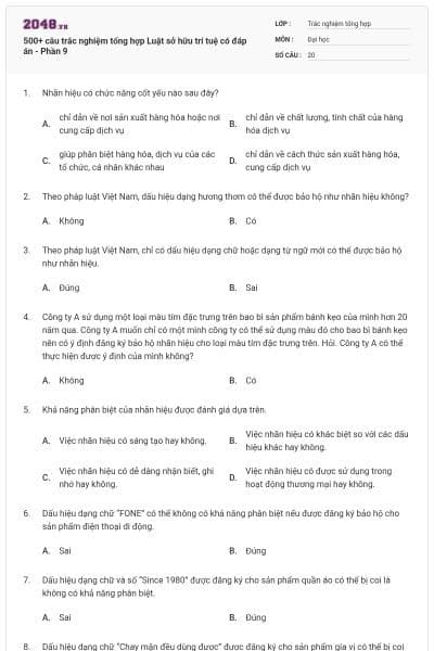 500+ câu trắc nghiệm tổng hợp Luật sở hữu trí tuệ có đáp án - Phần 9