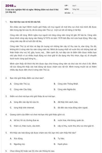 5 câu trắc nghiệm Nói và nghe: Những điểm vui chơi lí thú (có đáp án)