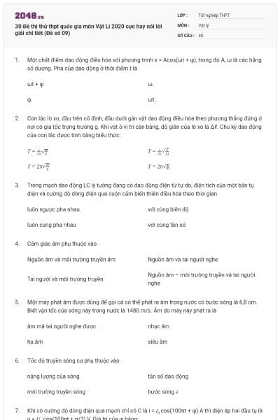 30 Đề thi thử thpt quốc gia môn Vật Lí 2020 cực hay nói lời giải chi tiết (Đề số 09)