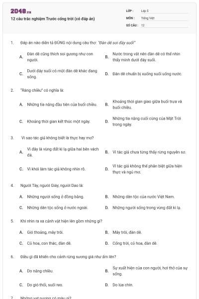 12 câu trắc nghiệm Trước cổng trời (có đáp án)