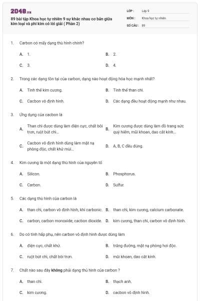 89 bài tập Khoa học tự nhiên 9 sự khác nhau cơ bản giữa kim loại và phi kim có lời giải ( Phần 2)