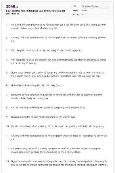 500+ câu trắc nghiệm tổng hợp Luật sở hữu trí tuệ có đáp án - Phần 16