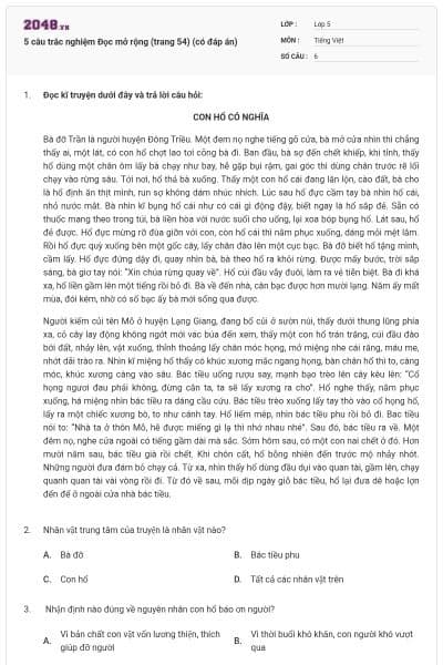 5 câu trắc nghiệm Đọc mở rộng (trang 54) (có đáp án)