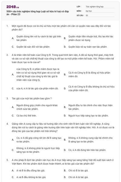 500+ câu trắc nghiệm tổng hợp Luật sở hữu trí tuệ có đáp án - Phần 23