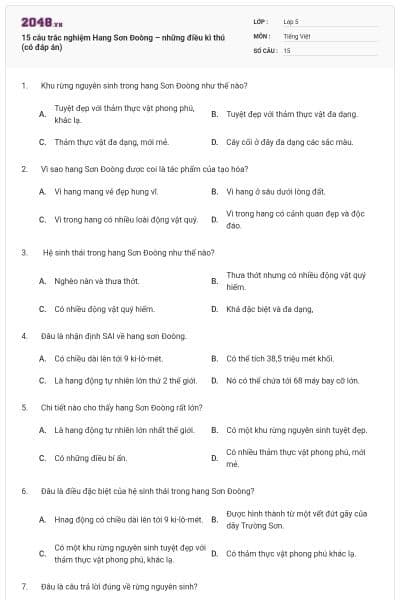 15 câu trắc nghiệm Hang Sơn Đoòng – những điều kì thú (có đáp án)