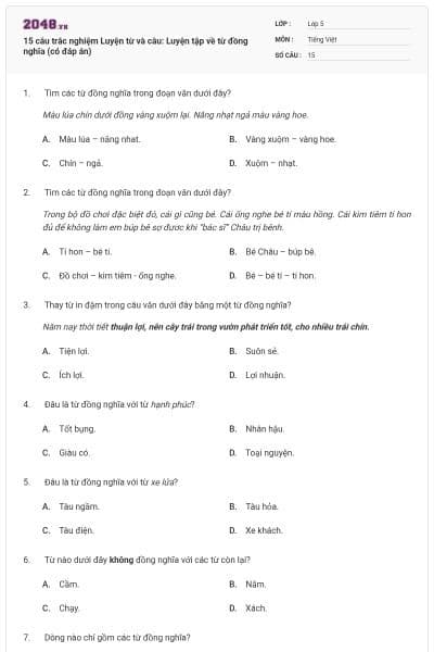 15 câu trắc nghiệm Luyện từ và câu: Luyện tập về từ đồng nghĩa (có đáp án)