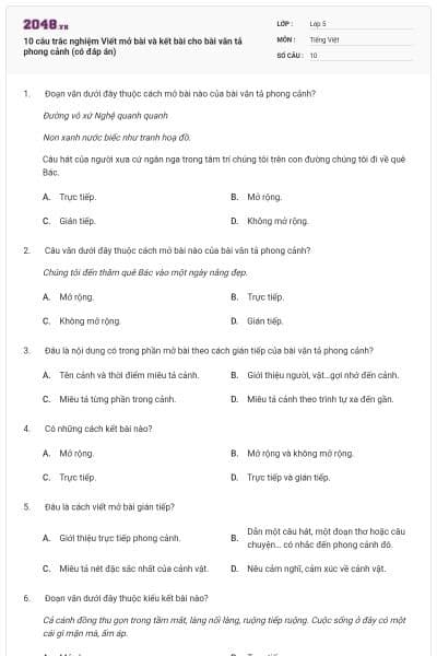 10 câu trắc nghiệm Viết mở bài và kết bài cho bài văn tả phong cảnh (có đáp án)
